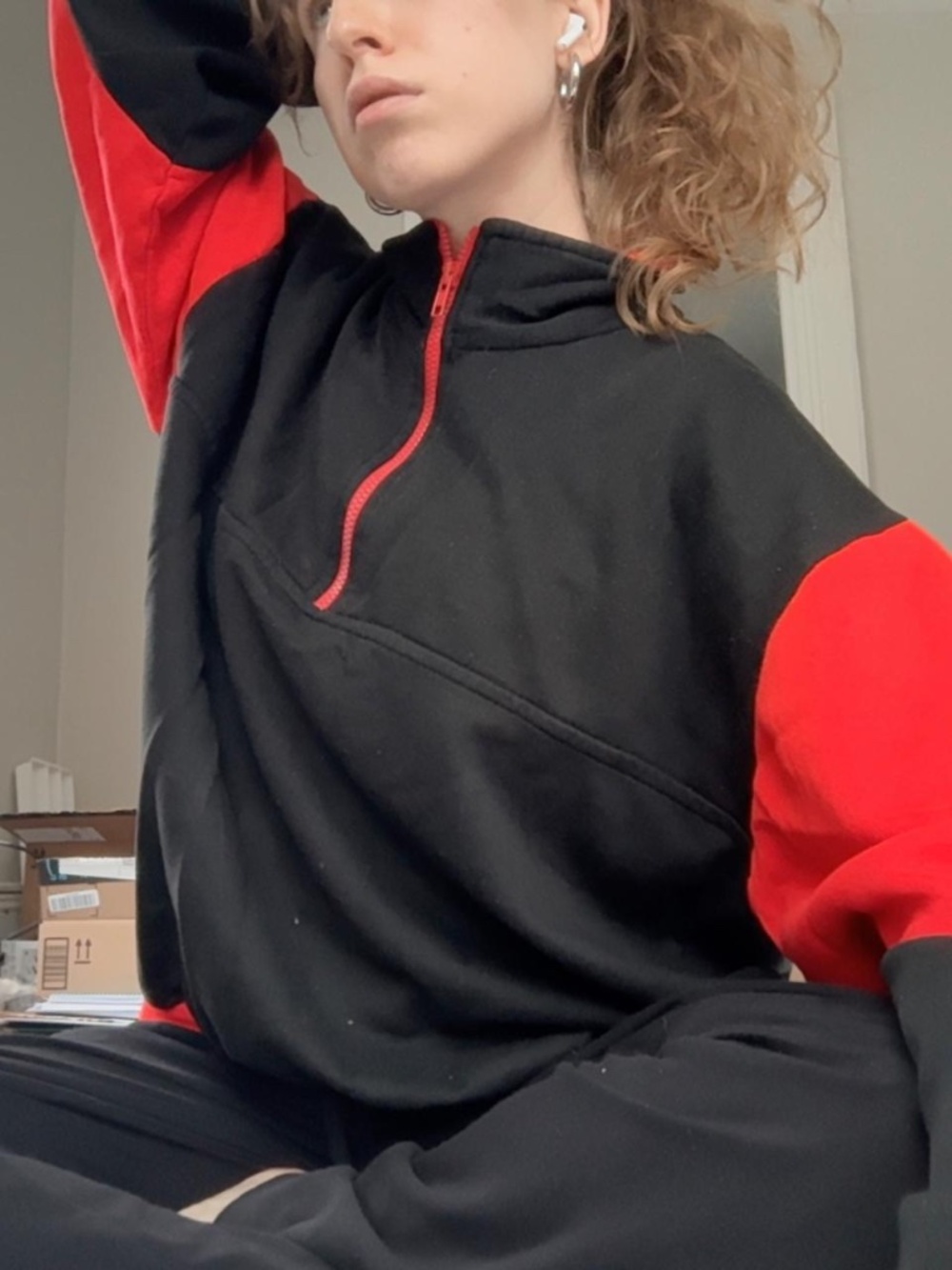 Black Fleece Anorak with Red Details — Oversized Unisex — Vintage from Rome